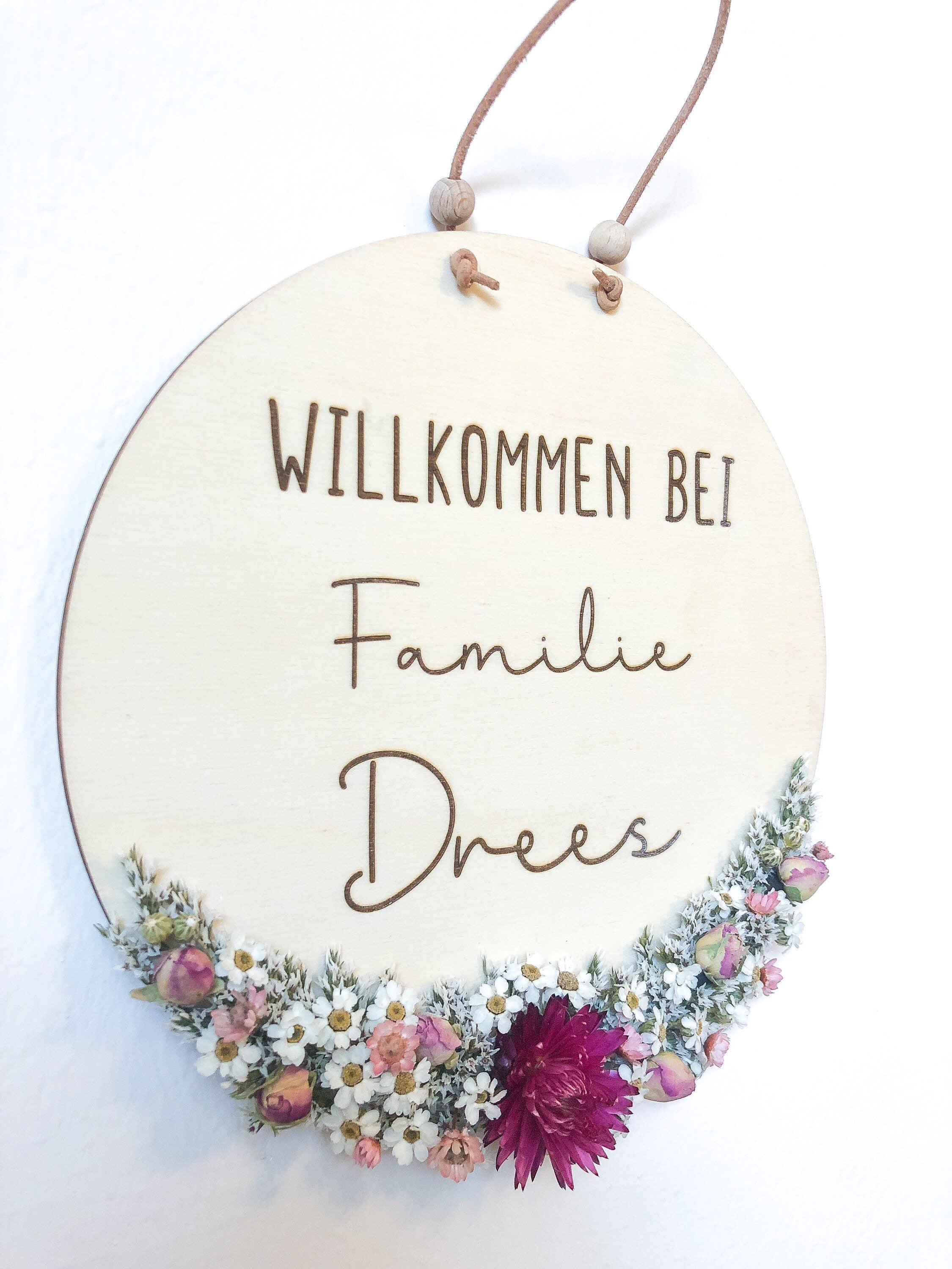 Willkommensschild/Eingangsschild Trockenblumen personalisiert