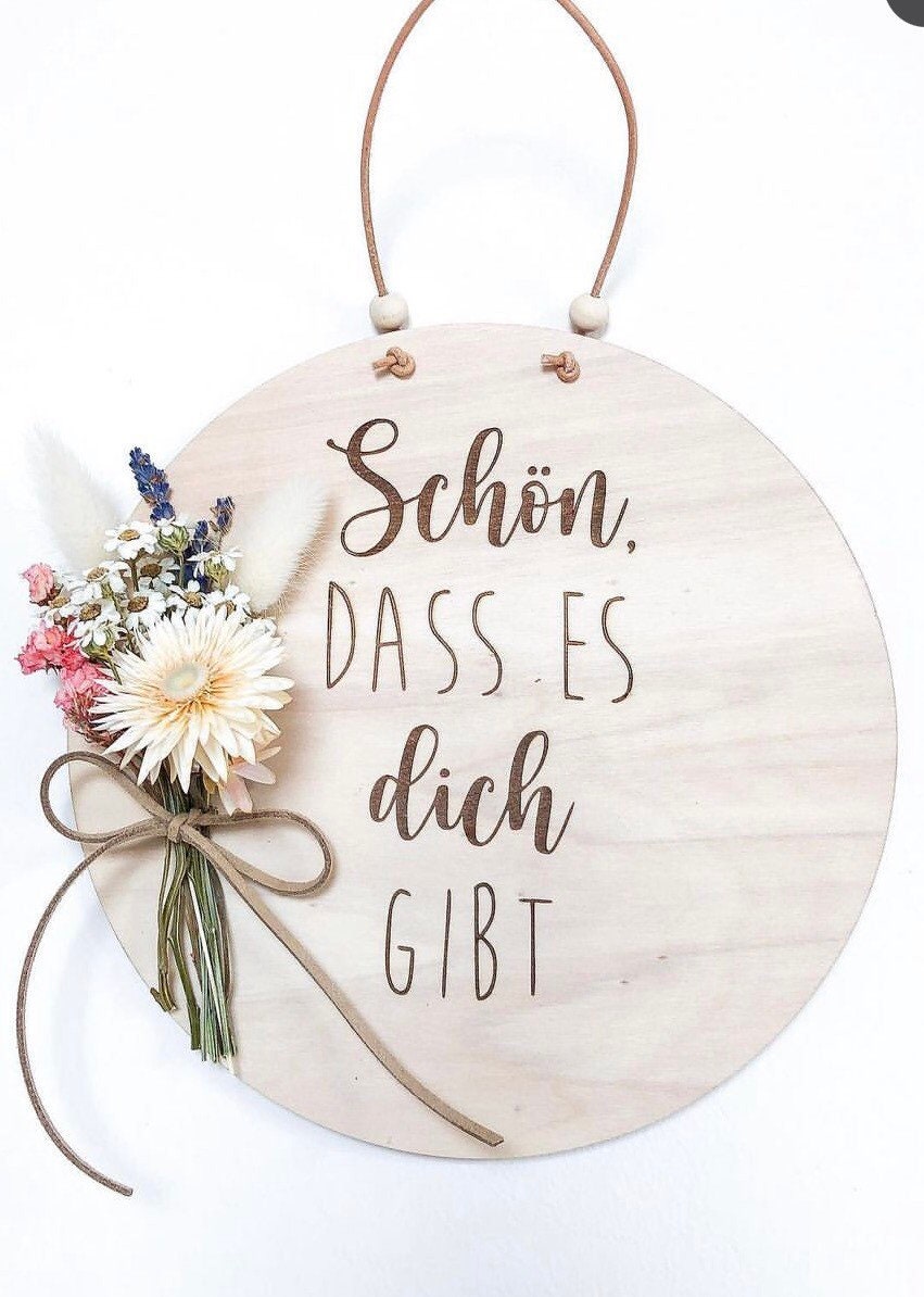 Wooden sign Nice that you exist with a bouquet of dried flowers