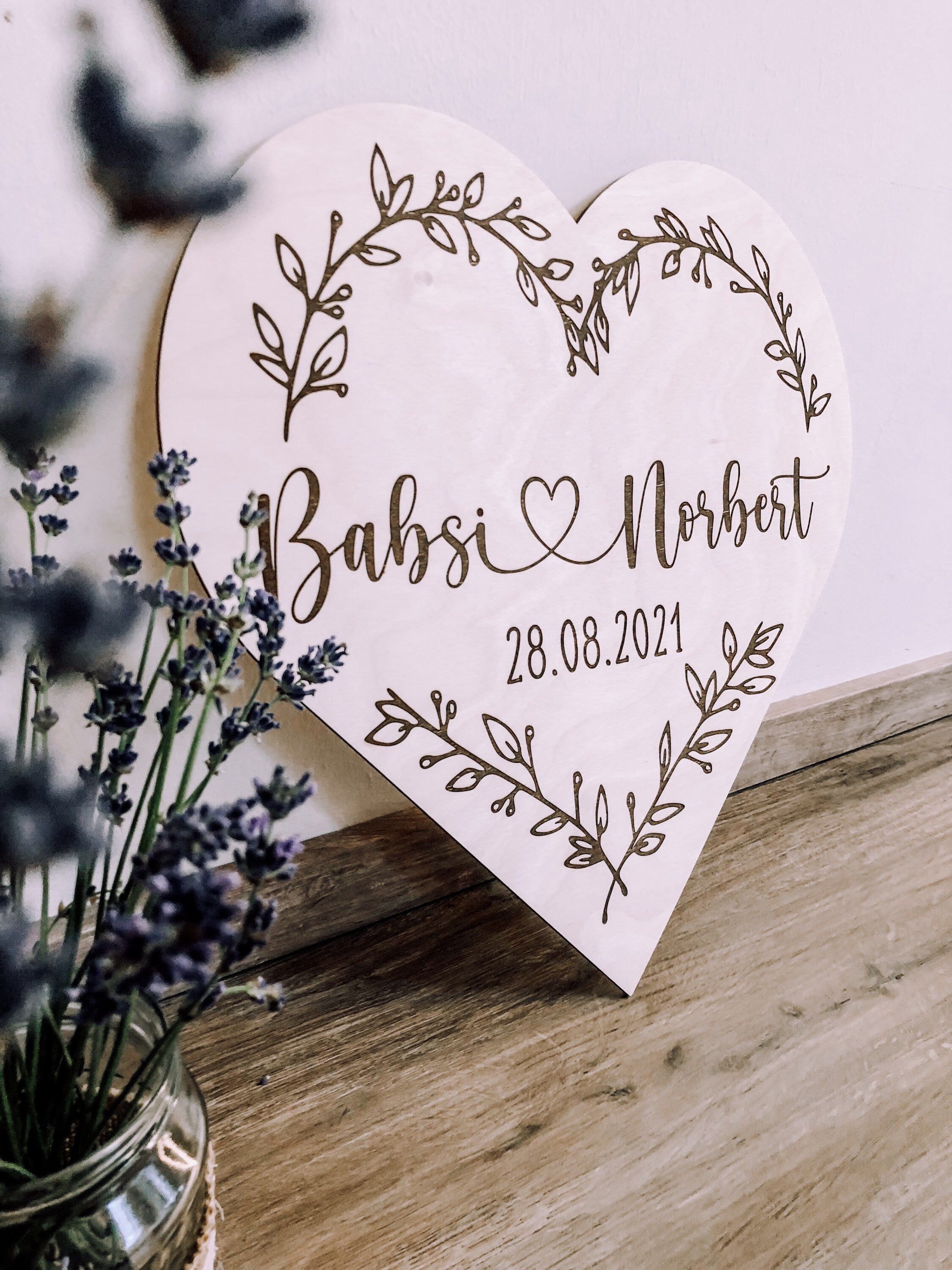 Wooden heart 40cm personalized with names and wedding date