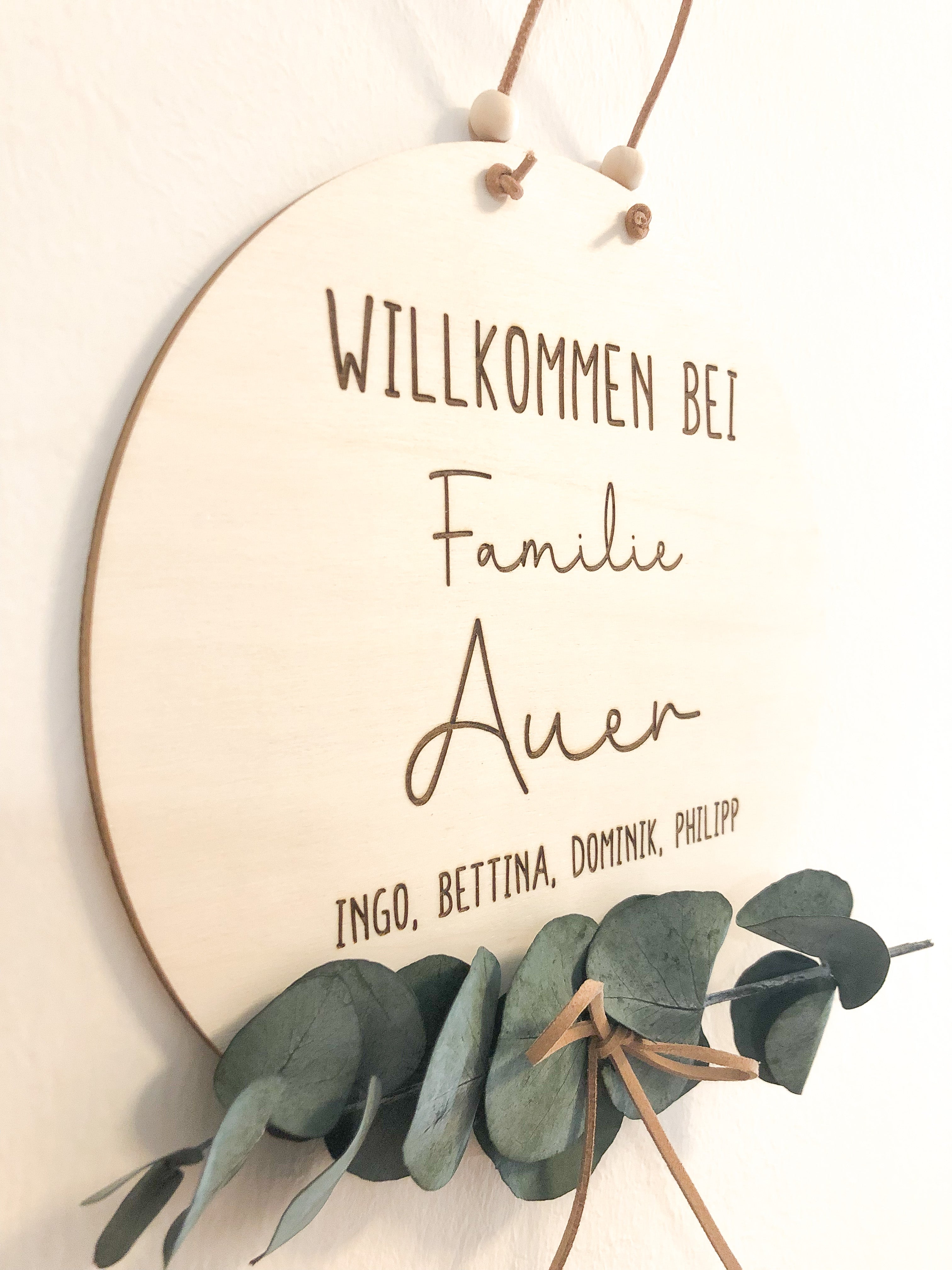 Family welcome sign personalized with dried eucalyptus
